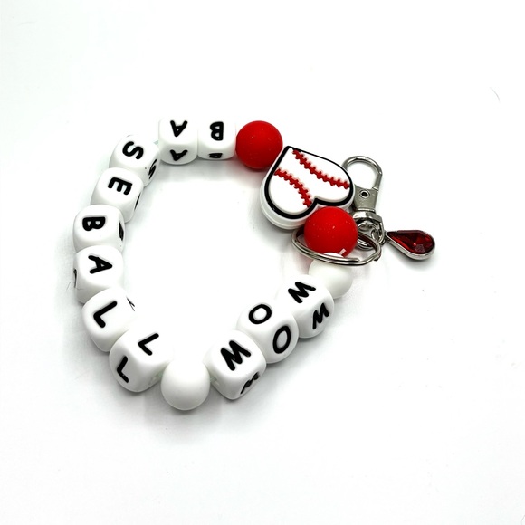 Handmade Accessories - Baseball Mom Keychain Bracelet - Red and White